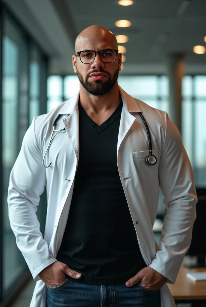 A muscular gym worker doctor, upto his waist, full face view, looking forward