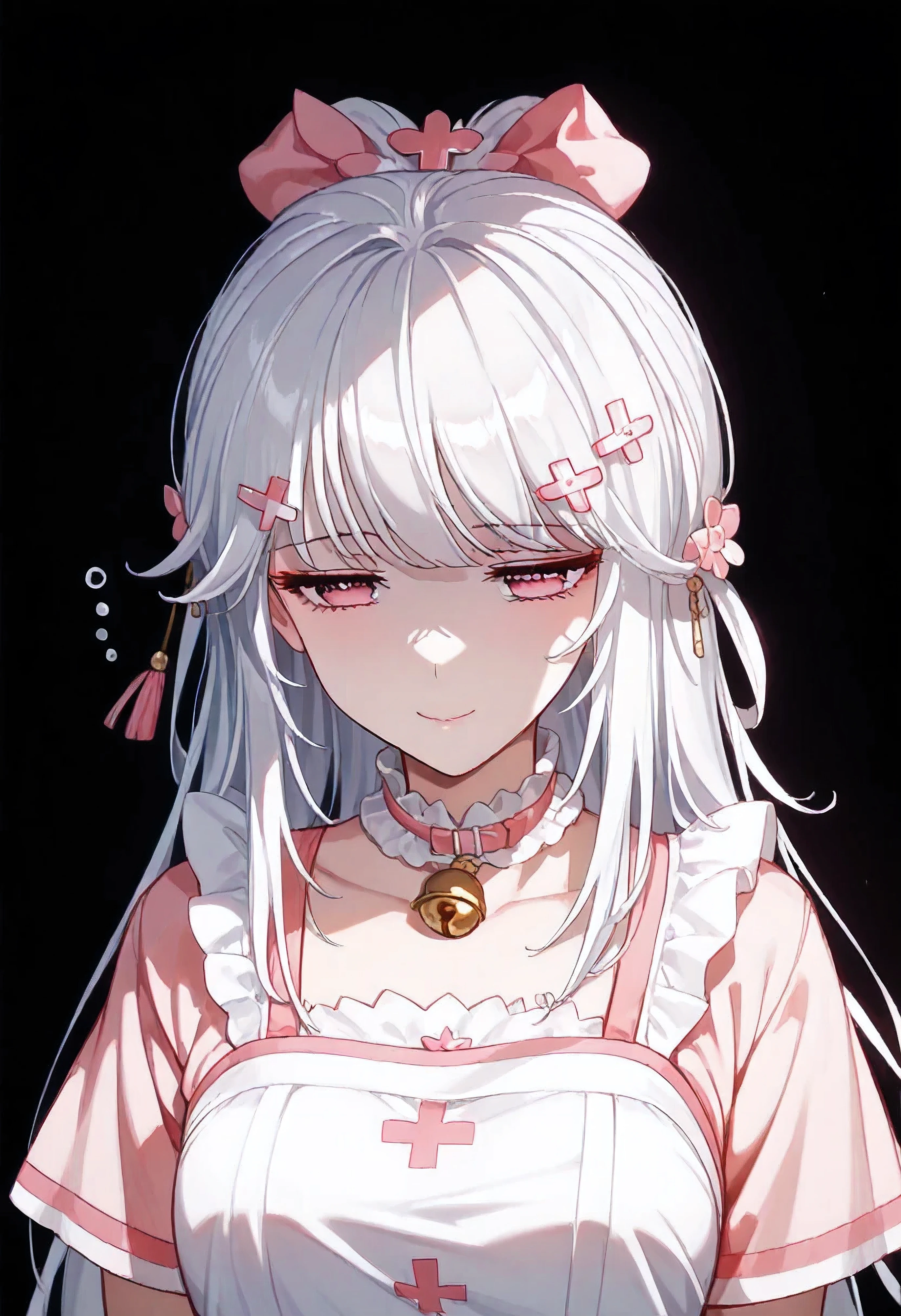 UN\(EOE\),one girl,solo,best quality, masterpiece,score_9, score_8_up, score_7_up, score_6_up, score_5_up, score_4_up ,,break,1girl,(dark background), (shaded Lighting),,break, incredibly_absurdres, ,very high resolution, very aesthetic,by famous artist, 8k, 16k,,beauty illustration,photoshop_(small),,(pink eyes:1.2),(white hair|Detailed hair|long hair|hairpin|tied up|updo),(pink nurse dress,frill collar,backless apron,neck bell),(sleepy, depressed,smile,jitome),dilated pupils, empty eyes,one mole under eye,intense angle, f/16, Canon,upper body