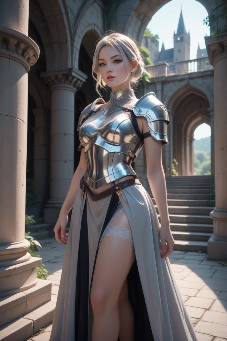 A female knight in silver armor standing up、Castle ruins、 platinum blonde hair、Hold a great sword、Hold a shield、Close-up