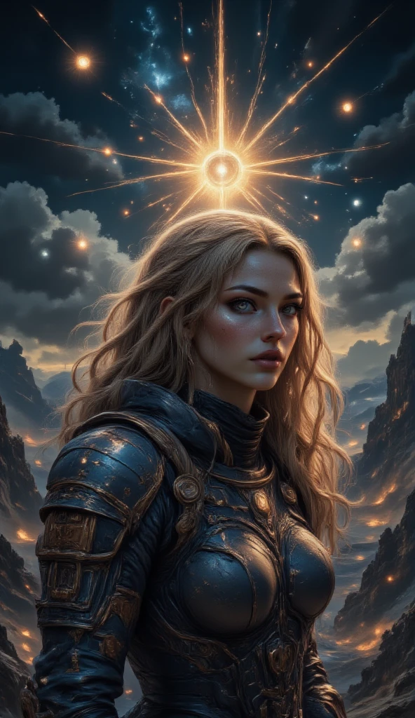 masterpiece, 8k, HDR, 3D, best quality, photograph, analog style, real life, extremely beautiful, (highly detailed, intricately detailed), (highly detailed skin), (alluring eyes), an image of a female riding a shooting star traveling through the universe, (1female), long curly blonde hair, blue eyes, little smile, wearing a space suit