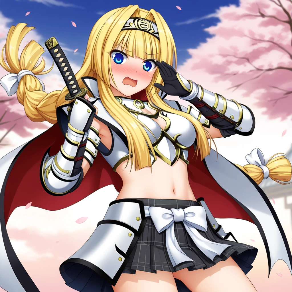 (Ashikaga Yoshiteru,),cute girl, cool pose, katana, product, gamecg, detailed, score_7, score_8, score_9, Embarrassed face,, kantoku style, ashikaga_yoshiteru_(sengoku_otome), blonde hair, blue eyes, long hair, breasts, armor, midriff, black skirt, pleated skirt, skirt in plaid skirt,navel, hairband, cape, white bow, gauntlets,