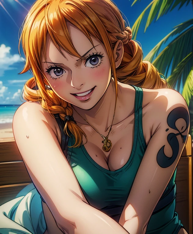 one piece, nami, ultra realistic 8k cg, masterpiece, ((ultra detailed background, delicate pattern, intricate detail)), (highly detailed, fine details), best quality, (photorealistic:1.4),beautiful lighting, absurdres, RAW photo, film grain, ((medium breasts, slim girl)), NamiV2, 1girl, orange hair, solo, long hair, jewelry, ((medium breasts, slim girl, bikini top only, jeans, left shoulder tattoo)), brown eyes, smile, earrings, cleavage, bracelet, collarbone, navel, (complex detailed background, outside, beach environment, sunny, nature), ((portrait, close-up)),