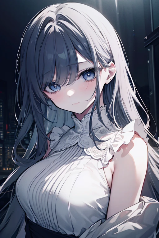 (Obra maestra,La mejor calidad,Ultra detallado),1girl,cabello negro,Cabello gris oscuro,Pelo muy largo,cabello desordenado,(((piel coloreada, piel gris))),tiny breast,abrigo negro,Camisa gris,((Tema gris)),en una calle oscura,Noche,Ambiente oscuro