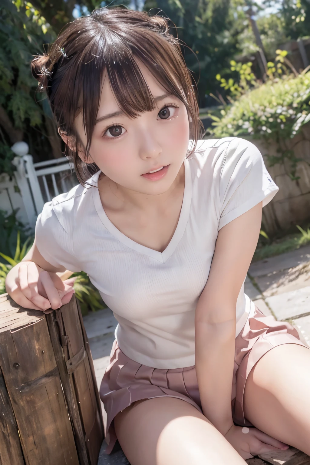 8k, raw photo, best quality, high resolution, realistic, photorealistic, extremely detailed 8k wallpaper, beautifully detailed eyes, finely detailed exquisite face, 
 break 
professional lighting, rim lighting, 
 break 
sunset glow, winter north wind blowing, 
 break 
perfectly anatomically correct:1.0, 
 break 
1 female, kawaii:1.2, 
sitting astride the round log which grew up horizontally:1.2, opening legs widely:1.2, 
very short hair bun, 
symmetrical clear eyes, chocolate color eyes with captivating reflections, 
symmetrical face line, stereoscopic projection of , 
chiseled face, rounded jaw, round face, (moderate eye bags), double eyelids, wide-set eyes, tareme, [embarrassed, blush], 
eighteen, 
(underbuttocks), 
neat school gym uniform, (buruma:1.0), 
looking down viewer, 
melancholy with opening mouth, 
 break 
sfw:1.0, 
 break 
dynamic posing, from below, bokeh:1.0