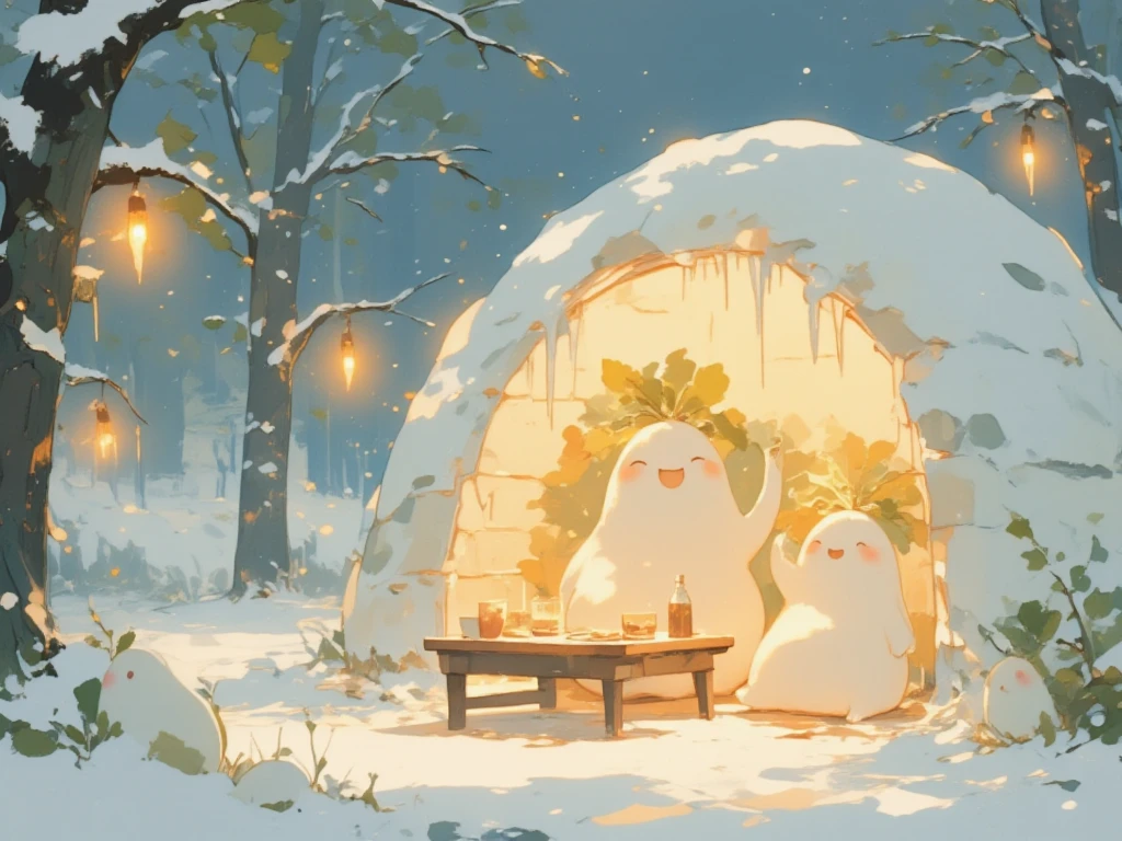 A whimsical winter scene featuring a cozy kamakura (traditional Japanese igloo) made of snow, glowing warmly from the inside. Inside the kamakura, three anthropomorphic daikon (radish characters) are sitting around a small wooden table, enjoying sake together in the enclosed, intimate space. The daikon characters are expressive: one raises its tiny sake cup in a cheerful toast, another leans back laughing, and the third sits calmly, sipping its sake with a peaceful expression. The table holds a bottle of sake and small plates of snacks. The smooth white walls of the kamakura reflect the soft orange glow of candlelight, enhancing the cozy and inviting atmosphere. Icicles hang from the entrance of the kamakura, and a snowy forest is visible in the background through the small opening, where snowflakes continue to fall lightly. The focus is entirely on the daikon characters inside the kamakura, creating a warm and heartwarming contrast to the cold, serene winter landscape outside.