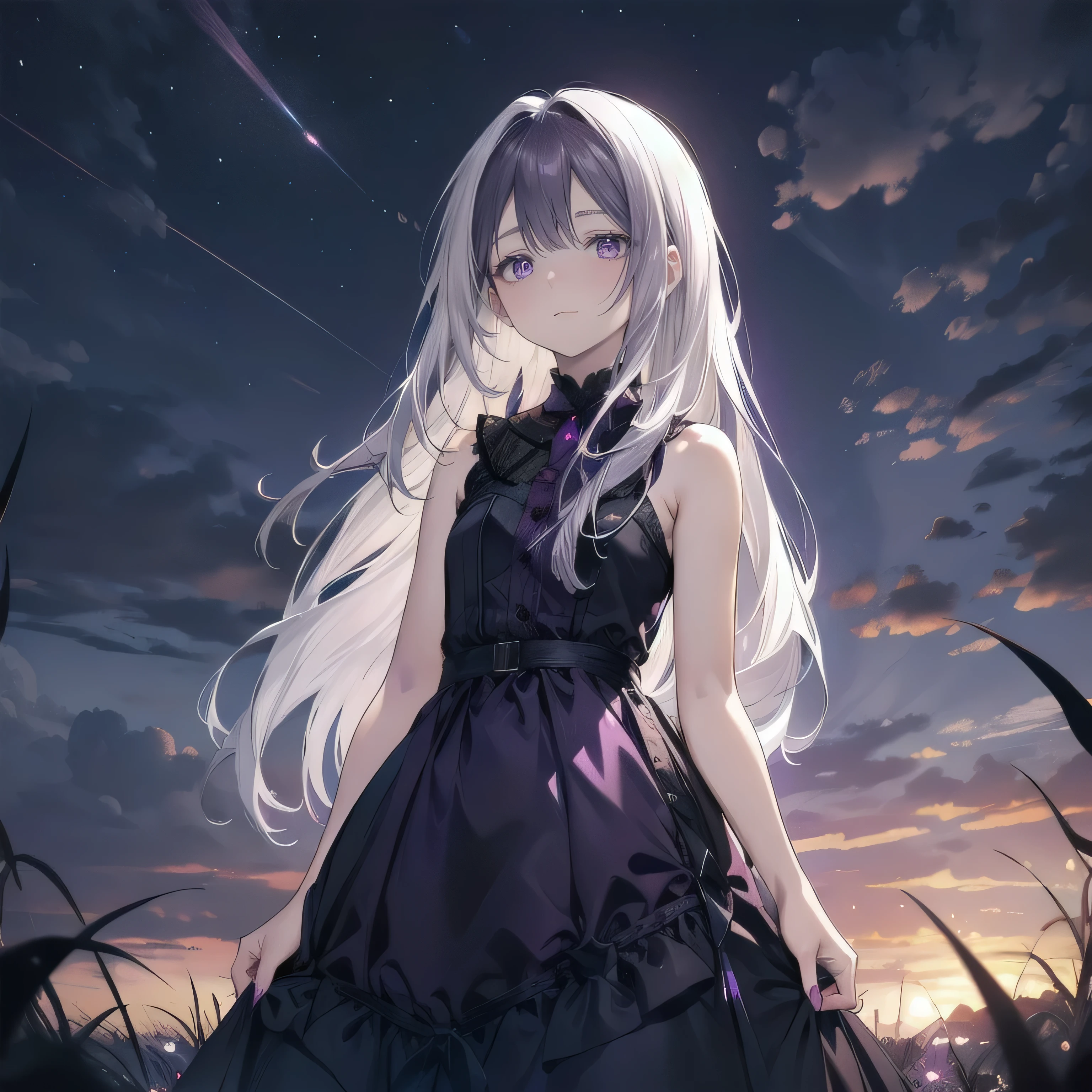 (masterpiece), (best quality), ultra detailed, finely detailed color, cenematic painting, bishoujo, ((one lady)), ager, cute face, ((white hair)), absurdly long hair, straight hair, ((dark violet eyes:1.5)), gothic dress, black dress, sleeveless, ((sunset)), ((looking up the sky)), ((sky background)), standing, faint smile, outdoor, reed field, slender body, small chest