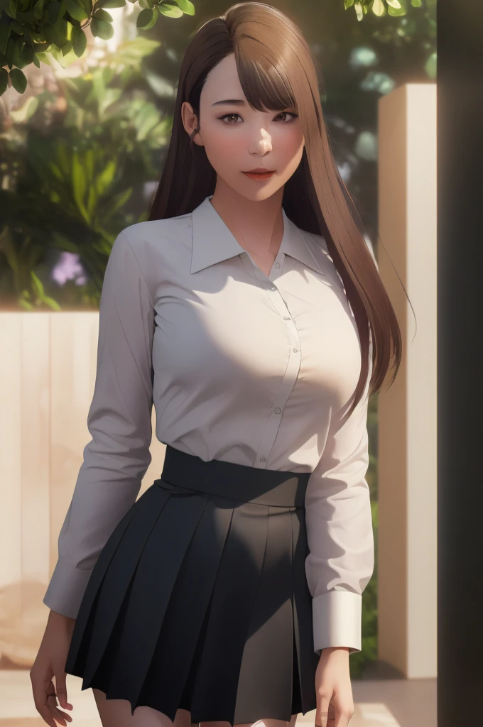 ((masterpiece, best quality)), 1girl,solo,standing,blush,song yunji,brown_hair,long_hair, purple_eyes,shirt,black skirt,white_shirt,,,,,,,extremely detailed CG unity 8k wallpaper, perfect lighting,Colorful, Bright_Front_face_Lighting,White skin, (masterpiece:1.0),(best_quality:1.0), ultra high res,4K,ultra-detailed, photography, 8K, HDR, highres, absurdres:1.2, Kodak portra 400, film grain, blurry background, bokeh:1.2, lens flare, vibrant_color,professional photograph,breasts, (beautiful_face:1),(narrow_waist),Beautiful medium breasts,Beautiful Finger,Beautiful long legs,Beautiful body,Beautiful Nose,Beautiful character design, perfect face,perfect balance