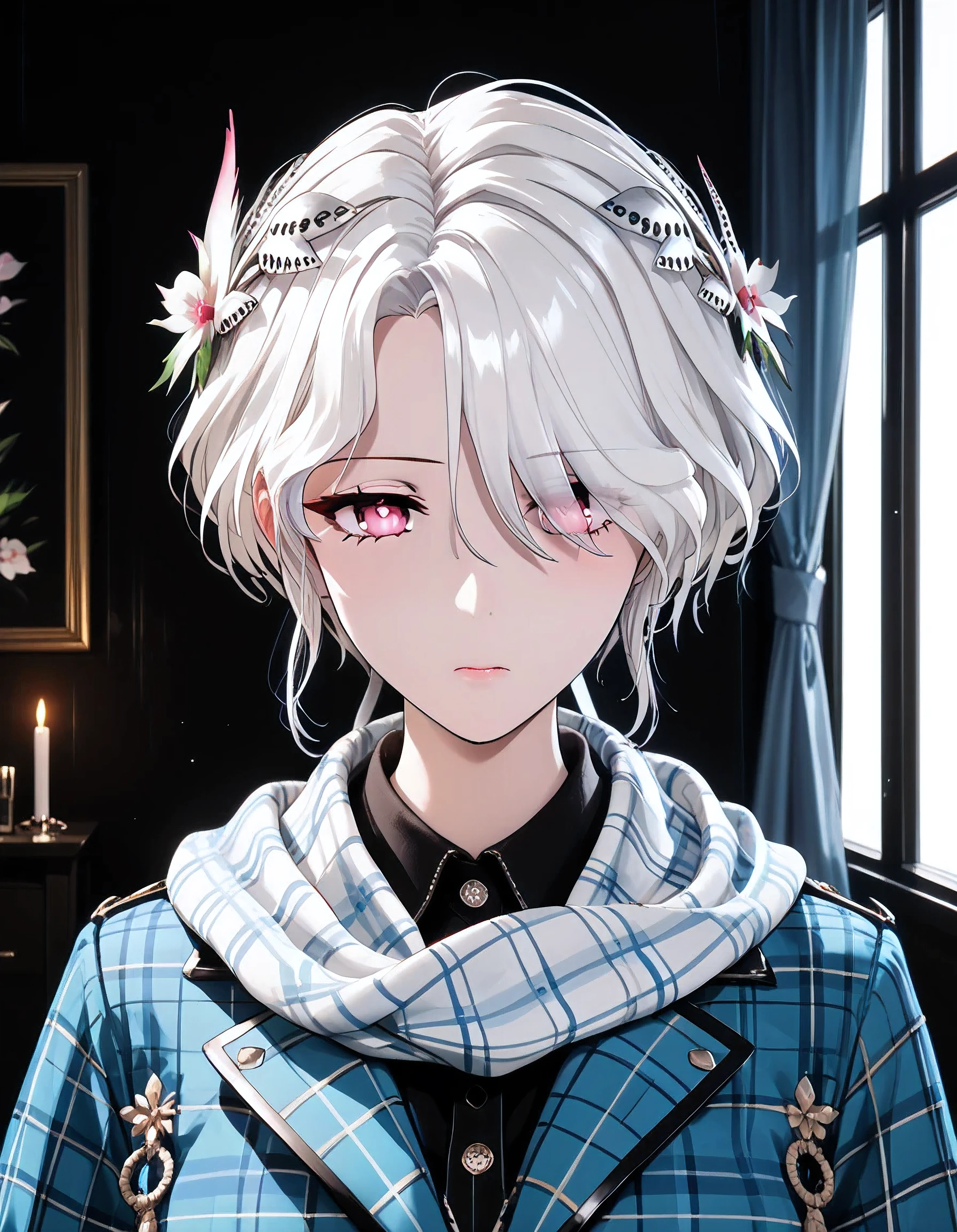 UN\(EOE\),youen\(EOE\),one girl,solo,best quality, masterpiece,score_9, score_8_up, score_7_up, score_6_up, source_anime, beautiful girl, iris midgar, perfect anatomy, (photoshooting studio scenery),,break,1girl,(dark background), (weak Lighting),,break, super detailed skin,very high resolution, very aesthetic,by famous artist, 8k, 16k,,beauty illustration,photoshop_(small),,(pink eyes:1.2),(white hair|Detailed hair|short hair|shiny hair|hair over one eye),((curtain haircut:1.2,curtained hair)),(top coat,break,,flannel scarf),POV,(sleepy, depressed,jitome),dilated pupils, empty eyes,standing