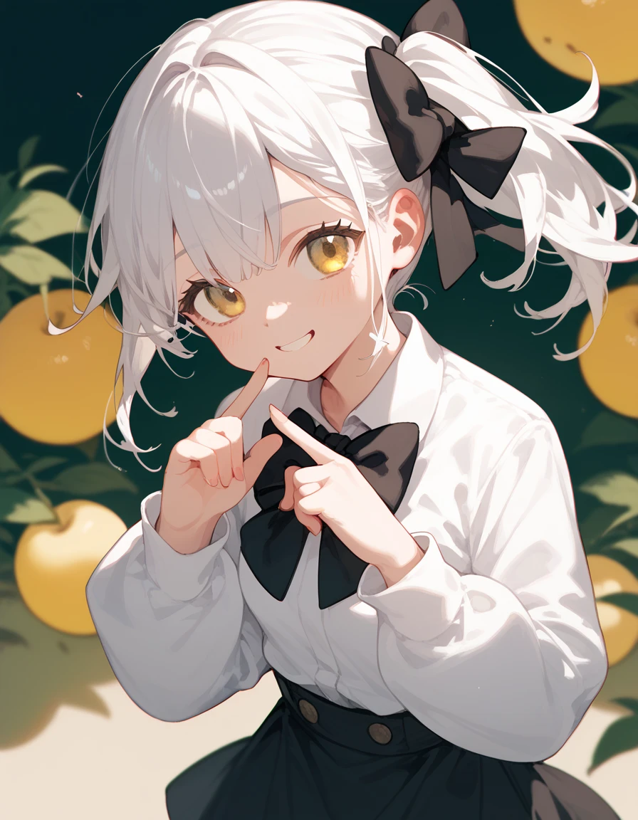  ,Long white hair, small breasts,timid, in yellow eyes,cute, White Peach Long Sleeve Shirt,Black skirt,Side ponytail, Smiling a little ,cuteที่สุด,Short hair,Black bow tie ,x finger post 