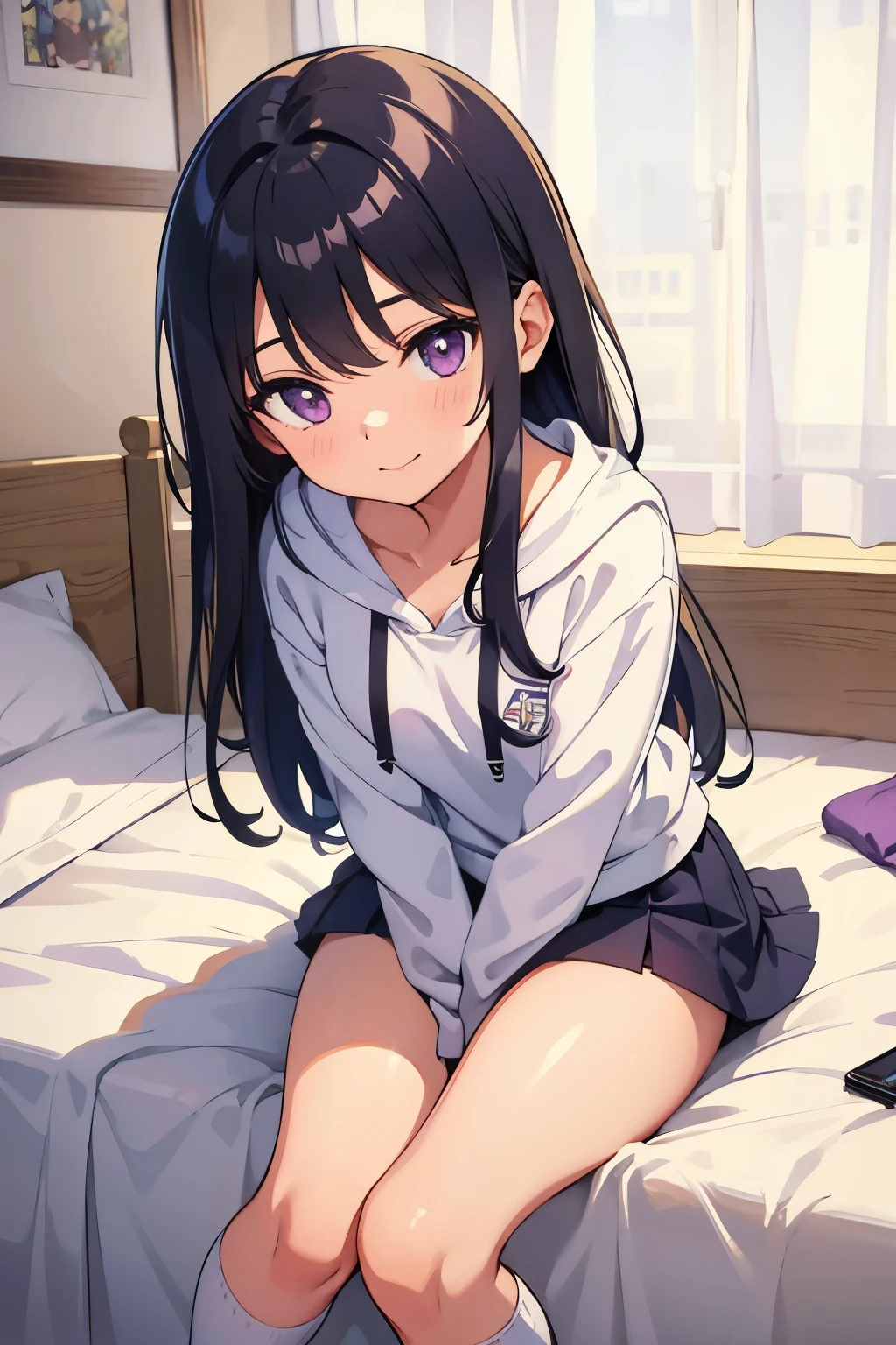  elementary school  toddler flat chest black hair 　 long hair 　 purple eyes　smile（（One person））black upper body hoodie　 lower body navy blue mini skirt　 white panties　 holding white socks （（ panties））　 girl's room 　 is sitting on the bed and legs spread out　Lower body center　 dynamic angle  　 low angle from the front