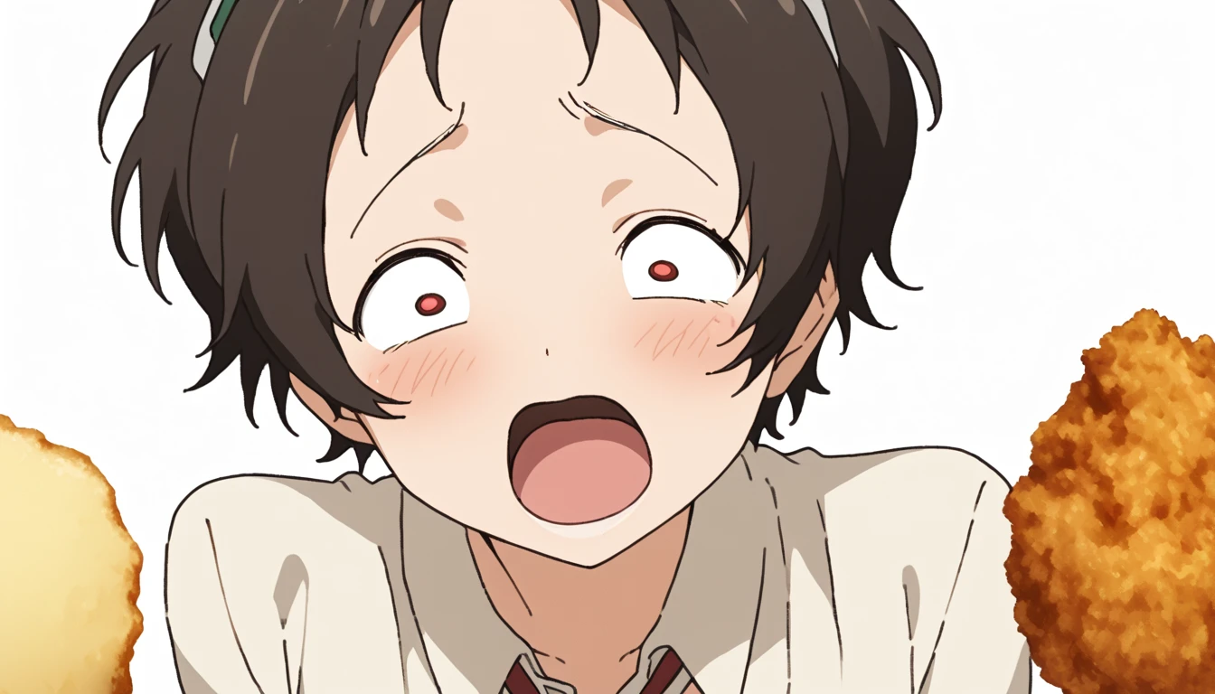 ((Adachi Rei))，masterpiece，Rei Adachi，2D Anime，Funny face，Fried Chickenｱｱｱｱ， white background ， Max Image，