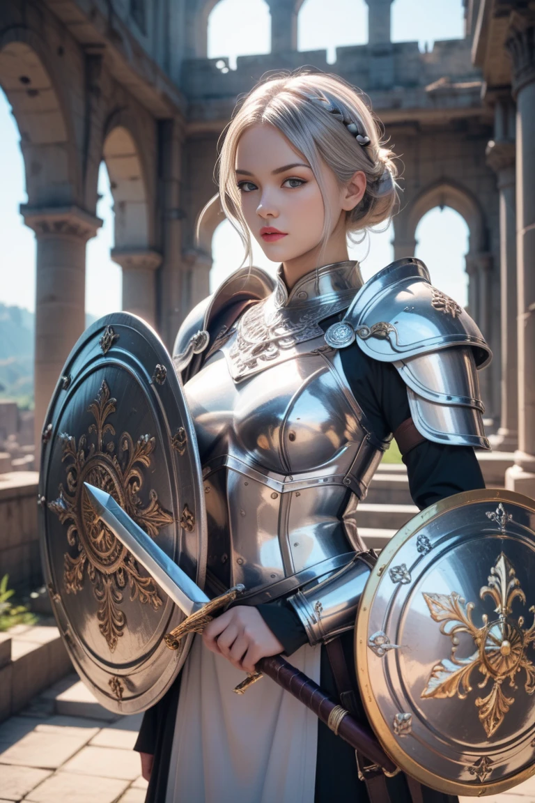 A female knight in silver armor standing up、Castle ruins、 platinum blonde hair、Hold a great sword、Hold a shield、Close-up