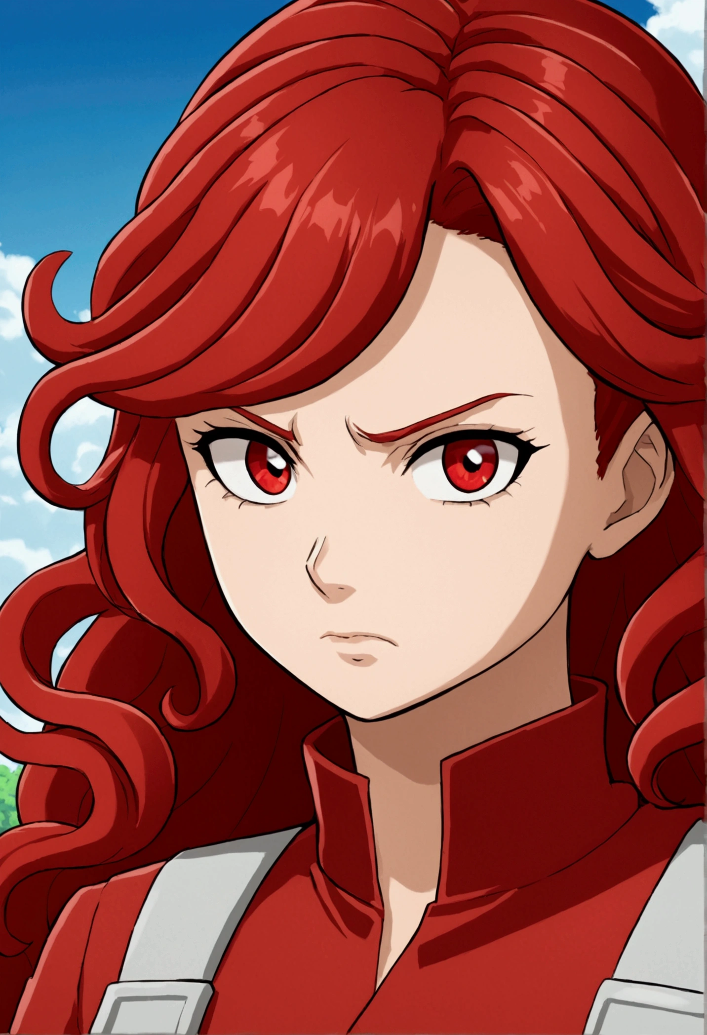 Screenshot from my hero academy, UA uniform. A girl with very curly and long hair, scarlet red eyes and a serious expression. 