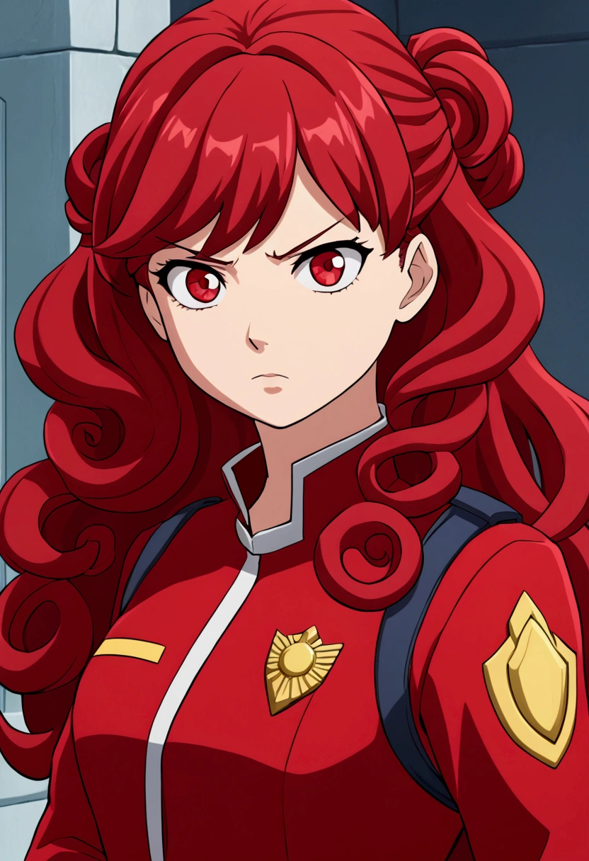 Screenshot from my hero academy, UA uniform. A girl with very curly and long hair, scarlet red eyes and a serious expression. 