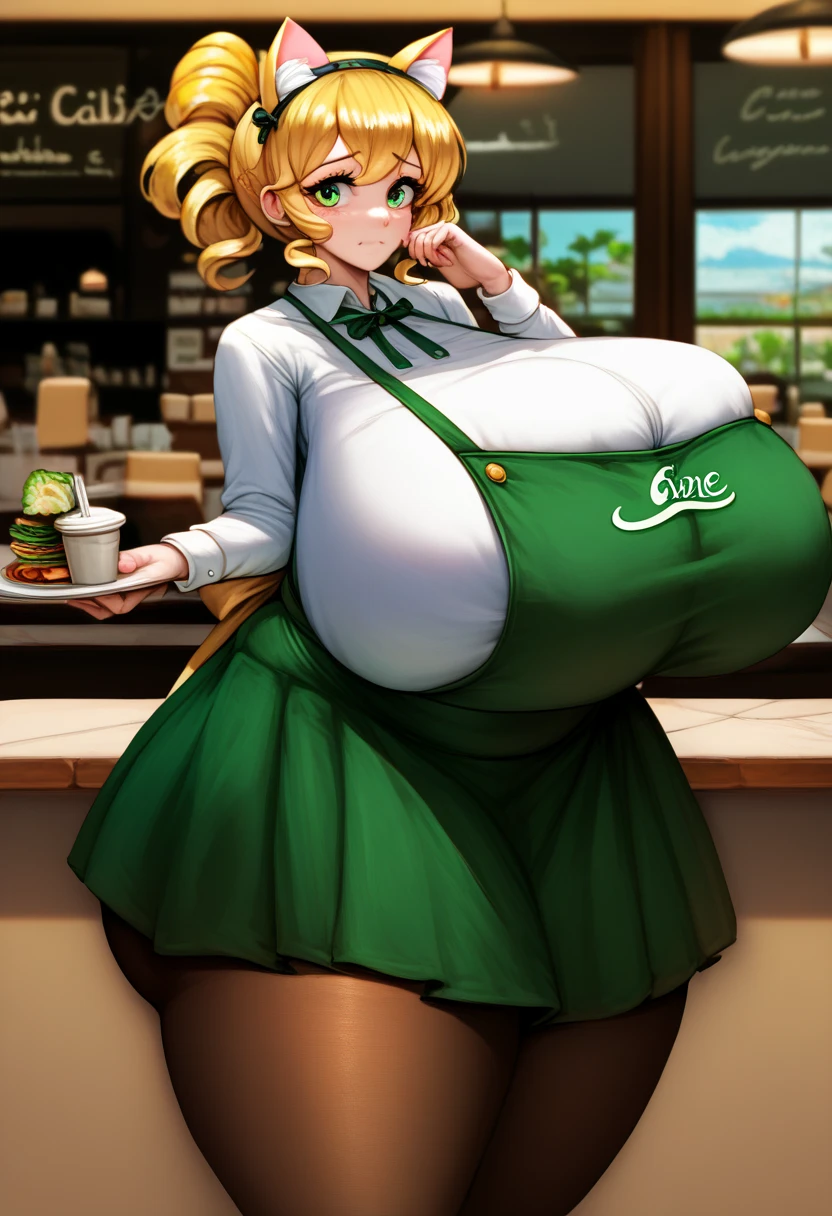 ​masterpiece,top-quality, high resolution,anime,side view, beautiful woman, cowboy shot,tall, detailed figure, dynamic lighting,1girl, (worried, looking at viewer, yellow hair,cat ears, green eyes,green apron,skirt ,cafe, pantyhose), gigantic breasts, huge thighs,, (plump)