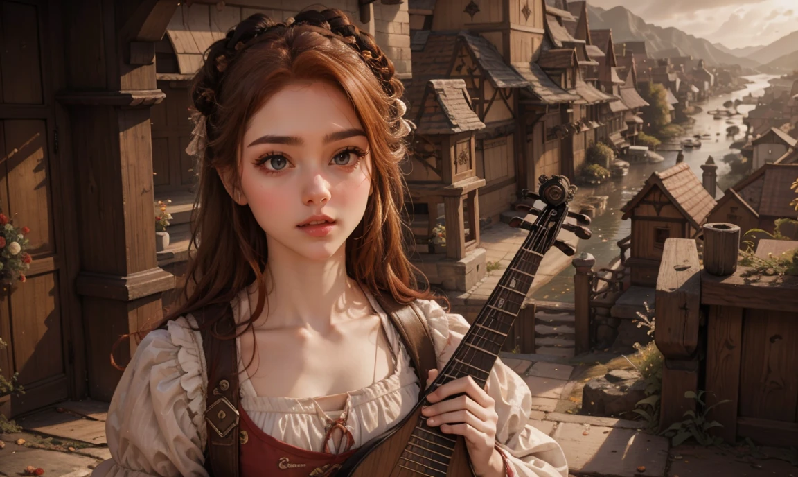 fantasy, realistic. close up. ((red-haired:1.5)), ((one classy stunning gorgeous female high-class bard:1.5)), ((light brown eyes:1.5)), ((happy smiling pretty expression:1.5)), wearing expensive feminine clothing, carrying a lyre, ((looking straight ahead at the camera:1.5)), colorful village background.