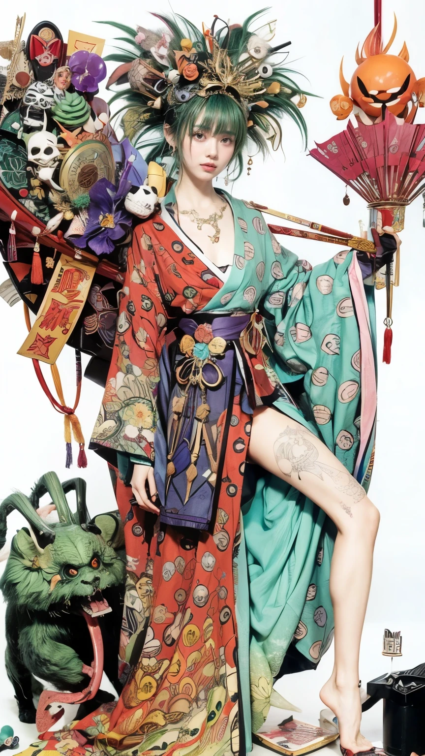 anime character wearing a kimono and walking with an umbrella, Oiran,Siouxsie Sioux , hairstyle with green hair in reverse ,Reverse-haired ,Punkish,Fancy hair accessories, gothic punk , New Wave , visual series ,Heavy eye makeup,inspired by eiichiro oda, inspired by Seikage Kusumi , Range Murata Yoshitaka Amano, Nirasawa Yasushi style, color cartoon scan , Nirasawa Yasukaze character design, by eiichiro oda, inspired by Yasushi Nirasawa , Inspired by Nirasawa ,An elegant and artistic female character inspired by traditional Japanese aesthetics with a modern twist. She has vibrant green hair styled chaotically, adorned with skulls, swords, eyeballs, and other fantastical objects. Her makeup features bold black eyeliner, giving her a dramatic look. She is wearing a colorful kimono with intricate patterns, including skull motifs, smiley faces, and skeleton designs. The kimono blends vivid red, turquoise, and purple colors. Her pose is confident, with a slightly mischievous expression. The background includes surreal and eclectic elements, such as floating objects and comic-inspired designs. The overall style is highly detailed, with a touch of surrealism and fantasy. Her hair is styled in an eccentric and chaotic manner, resembling a crown of otherworldly objects. The base of her hair is a vivid green, spiked outward in all directions, giving a wild and untamed appearance. Embedded in her hair are a variety of surreal decorations: small skulls, floating eyeballs, miniature swords, and bat-like ornaments. Each accessory is meticulously placed, creating a balanced yet intricate composition. The hair appears dynamic and almost alive, with individual strands curling and twisting around the objects, creating a sense of movement. The overall look is both artistic and fantastical, blending elements of horror and whimsy.