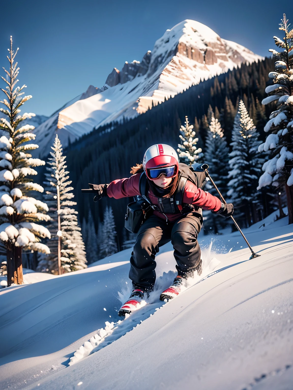 a skier skiing down a snowy mountain, detailed winter landscape, beautiful detailed eyes, beautiful detailed face, beautiful detailed body, action pose, dynamic movement, (best quality,4k,8k,highres,masterpiece:1.2),ultra-detailed,(realistic,photorealistic,photo-realistic:1.37),HDR,studio lighting,extremely detailed description,professional,vivid colors,winter,snow,mountains,evergreen trees,blowing wind,action,dynamic,energetic