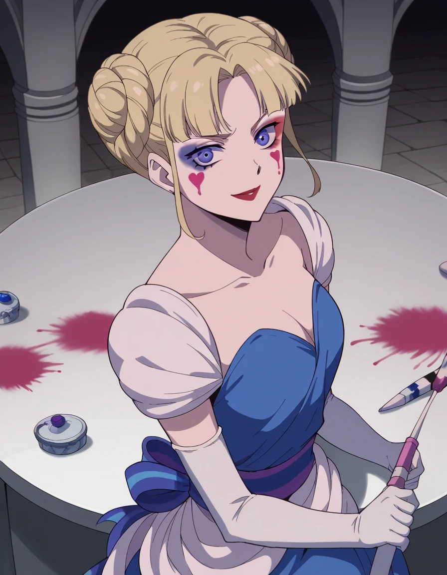 score_9, score_8_up, score_7_up,  source_Anime,  princess fione,  short hair,  blue eyes, Blonde,  braided , Hair Bun,  Double Bang ,, heart, makeup, lipstick, paint, lipstick mark,  gloves,  dress,  clevis on a stone, elbow  gloves, white  gloves, blue  dress,, indoor, smile, looking at viewer, Alone,  behind your butt, ヘッ dressト, table,,  cowboy shot leading to the climax,  Dutch Angle