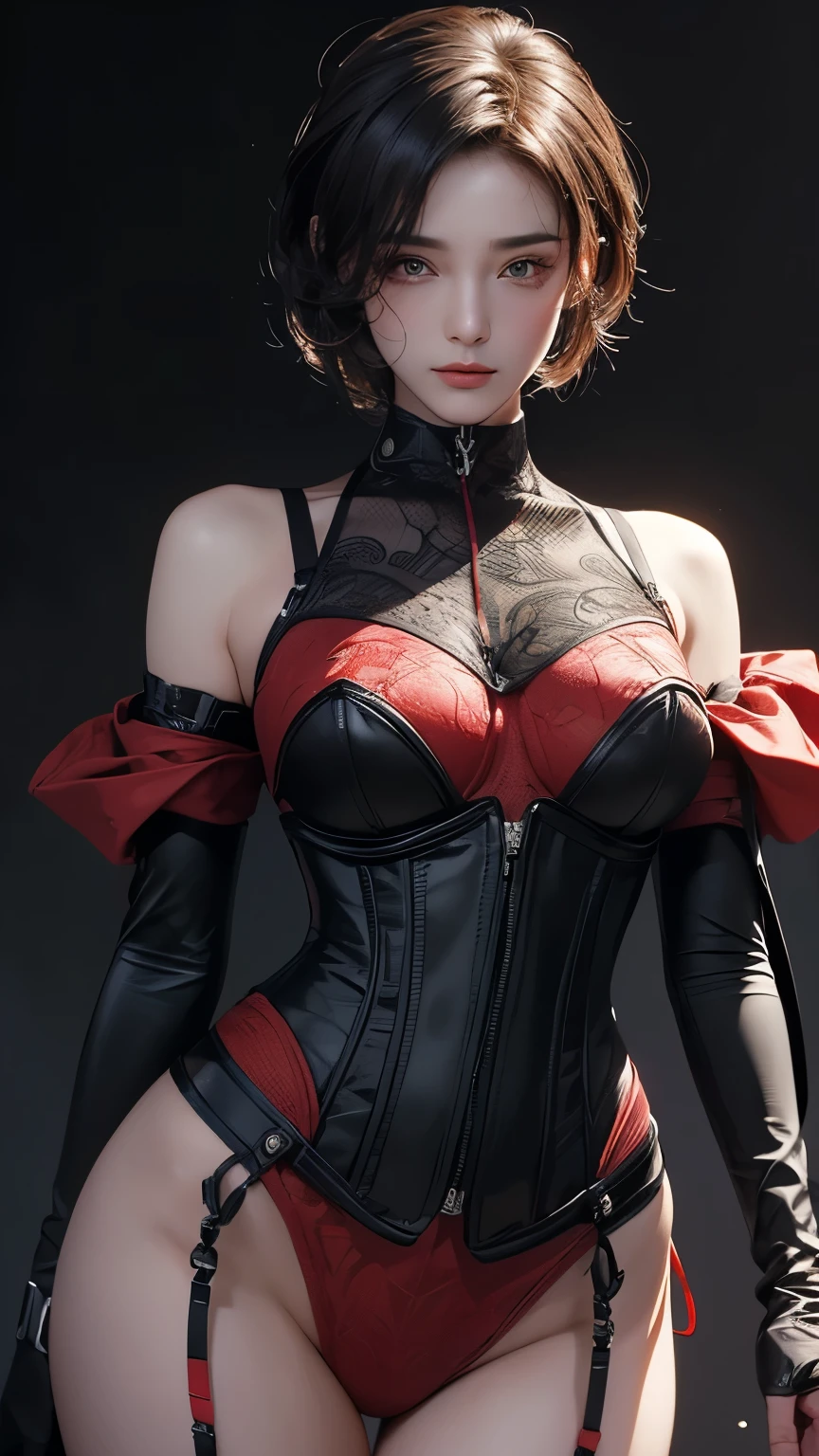 masterpiece, Highest quality, Very detailed, To the camera, 複雑に詳細なVery detailedな, Realistic, Sharp features, Very detailed, Sharp focus, Perfect Face, Perfect Face, Perfect symmetry and perfect eyes, Perfect Plump Lips, Flexible female form, Cinematic, Film Light, Very detailedな, hyper Realistic, masterpiece, Atmospheric, High resolution, Vibrant, Dynamic Studio Lighting, ((Dark Background)), The facial expression when feeling happy, handcuffs, BDSM, slave, Rubber, Red Corset, (赤いfirst round), ((Highest quality, 8k, masterpiece: 1.3)), Sharp focus: 1.2, Beautiful woman with perfect figure: 1.4, Slim Abs: 1.2, Wet body: 1.5, Very detailedな顔と肌の質感, Detailed eyes, double eyelid, Very short hair,((Sm嬢)),((m嬢)),handcuffs,first round,Red and black outfit