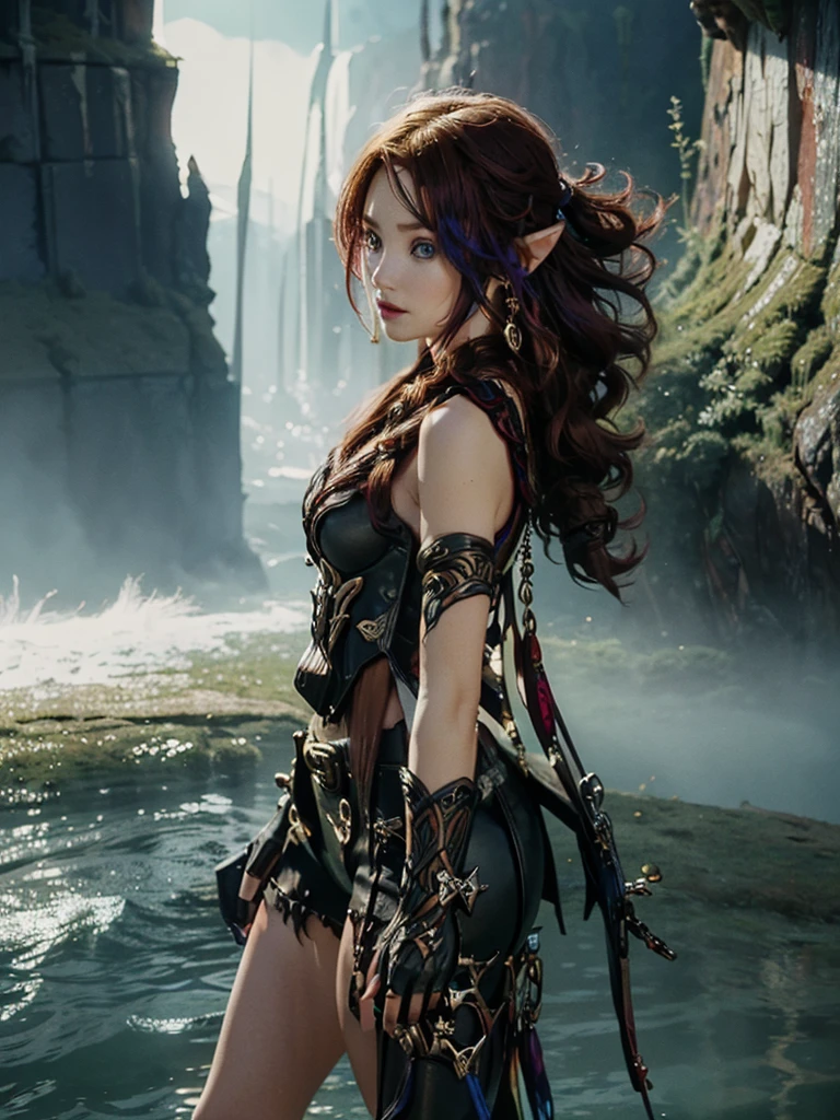 A tall woman in realistic portrait of high quality and detail, european, Chasca (Genshin Impact), long elf ears, 30yo, perfect face, athletic body, Dark red hair reaching to the middle of the back, and bright blue eyes. The bangs have a purple tint at the tips and completely cover the left eye. If you look closely, you will notice a small pigtail on the right side of the head. a short sleeveless top with a cutout at the bottom, black leggings of different lengths, high-heeled boots and a red scarf around the neck. Her image is completed by a brown belt with a massive buckle, a hat with feathers, a gold earring in her right ear and fingerless gloves, pointed ears. 80s Fantasy Movie, dark fantasy style, dark atmosphere, melancholic dramatic look, beautiful pink makeup, glow, eye shadow, 1girl, Depth & Perspective, fine face, She stands on the stone, outdoors, canyons on background, day time, looking at viewer, Shiny Skin NSFW, (ultra-high detail:1.2), Masterpiece, Best Quality, Ultra-detailed, Cinematic lighting, 8K, delicate features, cinematic, 35 mm lens, f/1.9, highlight lighting, global lighting –uplight –v 4, cinematic, Cinematic lighting, 8K, high quality, Highest Quality, (Solo Focus), (extremly intricate:1.3), (Realistic), masterful, Analog style, (Film grain:1.5), (cold tone)