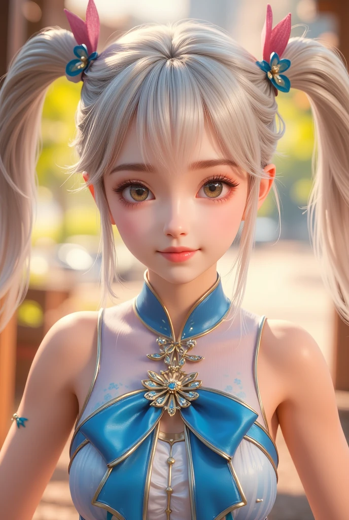Top quality, masterpiece, gray hair, gold-eyed, looking up, upper body, hair strand, fair skin, side braids, random hairstyle short hair, taut pointed small breasts, high school student, thai national costume, one girl surrounded by greenery, 18 years old, complete anatomy, naked, no breastplate, no panties