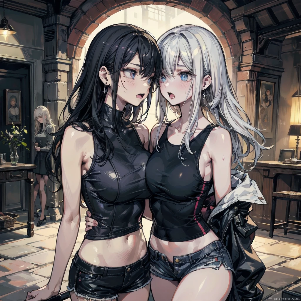 thin woman, big clothes, skinny legs, dress up, hospital clothes, short hair, disease, Pajamas, striated hair, striated hair, striated hair, black hair, asymmetrical hair, frizzy hair, messy hair, halo, no students, no students, blank eyes, Devil's eyes, makeup, nosebleed, smile, angry, happy, Hyper realism, anime style, Realism, anatomically correct, textured skin, best qualified