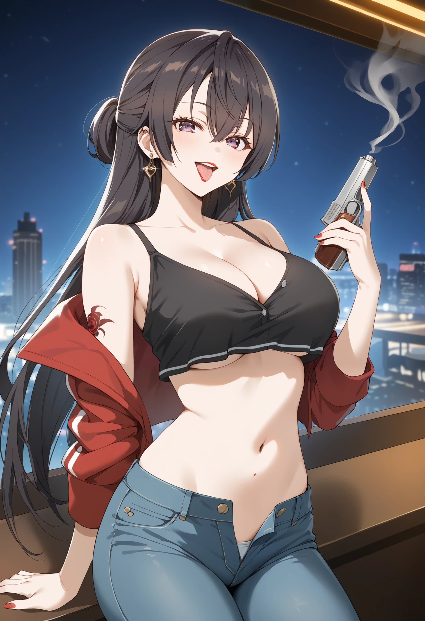 score_9, score_8_up, score_7_up, source_anime,
1girl, solo, 
yuki suou, black hair, long hair, half updo, hair between eyes, purple eyes,
long hair, earrings, red lips, large breasts, ear piercing, long hair, blush, lipstick,Hot girl, baddie, smoking, sensual, attractive , nightclub, bar, indoor, cityscape, building, city lights, masterpiece,high quality,4k, bare
shoulder,belly,crop top,holding pistol,cleavage, unbuttoned shirt,shirt, knot, indoor,smile, open
mouth, (nsfw) not safe for work, evil expression, exposed belly, exposed navel, exposed midriff,
exposed lower belly, crop top overhang, underboob,jacket, unbuttoned jeans , low rise black jeans,
Low rise jeans, Low rise jeans with open fly,, dragon tattoo, tattoo midriff, rose tattoo, , tongue out,
