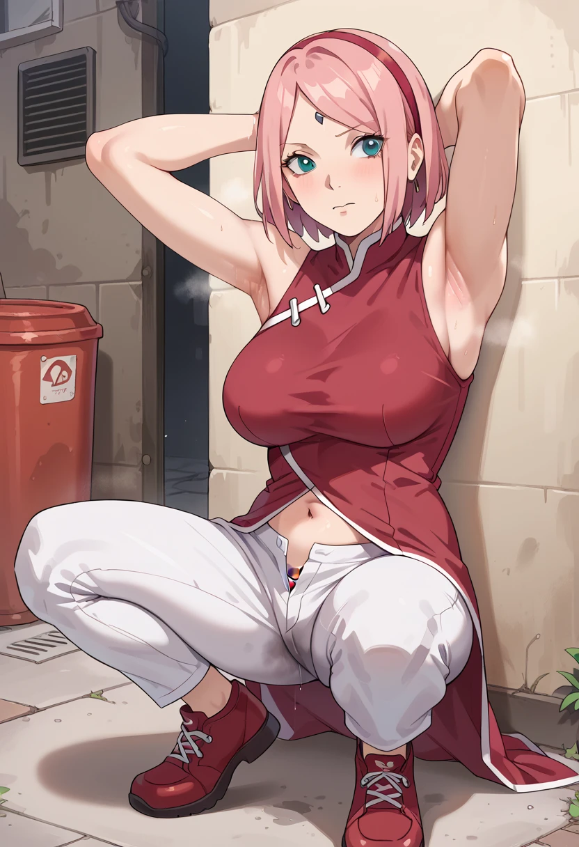 nsfw, haruno sakura, pink hair, short hair, green eyes, red sleeveless dress, navel, large breasts, white pants , In the back alley ,Armpit,Armpit wrinkles,Armpit smell,Armpit juice,Arms up,Stretch,pubic hair,under hair,,squat down, 