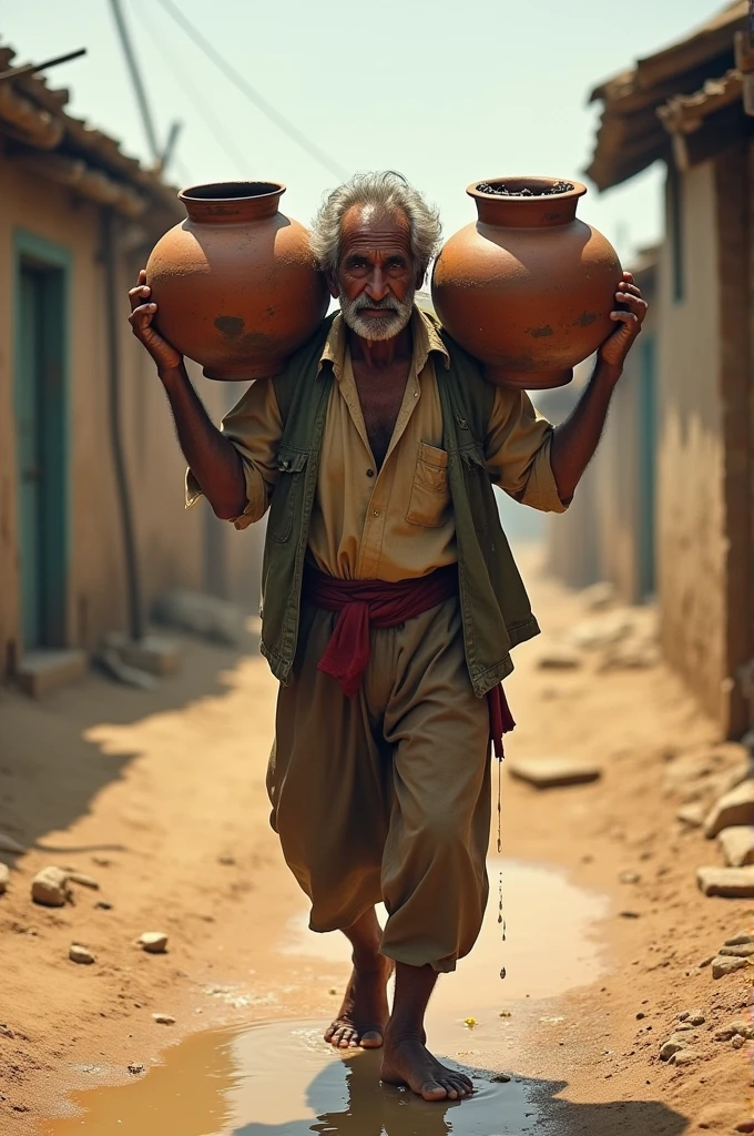 A poor Indian old woman carrying pitcher on her head and searching water in Rajasthan