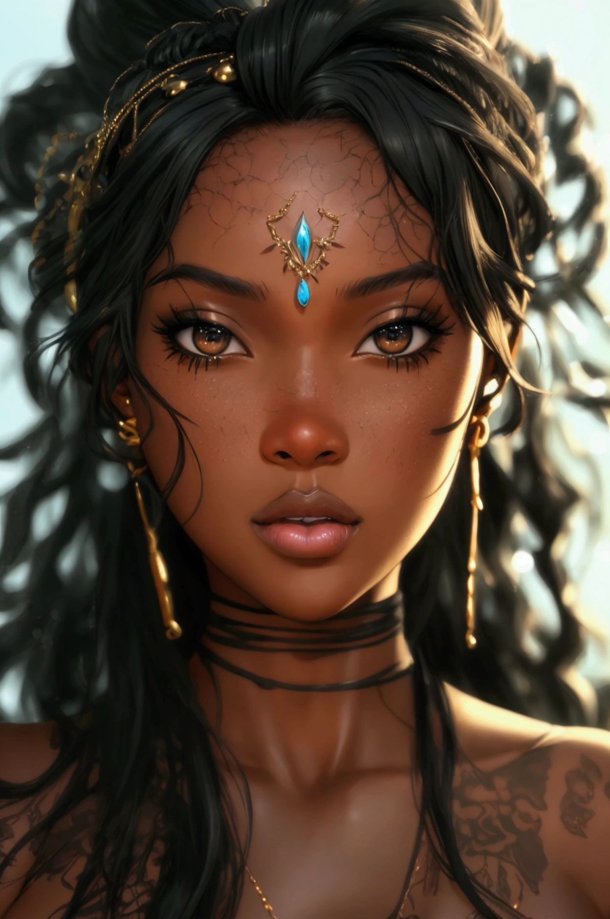 ((((ebony girl)))), (((ebony skin tone))), Full body perspective, beautiful detailed eyes, beautiful detailed lips, extremely detailed face, long freely wavy hair, (best quality,4k,8k,highres,masterpiece:1.2),ultra-detailed,(realistic,photorealistic,photo-realistic:1.37),HDR,UHD, studio lighting, sharp focus, physically-based rendering, extreme detail description, professional, vivid colors, black female, african-american woman, camera zoomed out to show full body, large breasts, wide hips, big butt