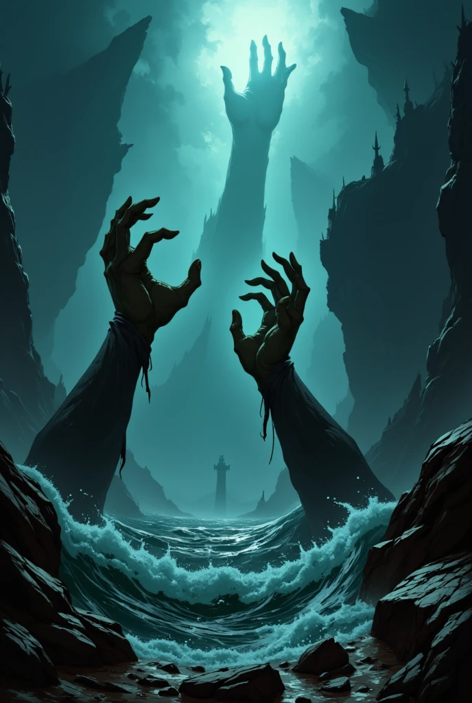 Create a dramatic book cover illustration inspired by a dark fantasy D&D campaign. The scene features a dark, ominous sea shrouded in thick, eerie mist. In the foreground, a pair of rotting hands with dry, withered skin rise upward, twisted and lifeless, as if emerging from the fog or beneath the waves. The background consists of a dark, stormy sky over the sea with faint, unnatural shapes or shadows visible through the mist, suggesting something sinister lurking. The color palette is moody and gothic, dominated by dark blues, greys, and blacks, with subtle hints of green and ghostly white. The art style should mimic the detailed, painterly style found in D&D sourcebooks, with a mysterious and foreboding atmosphere.