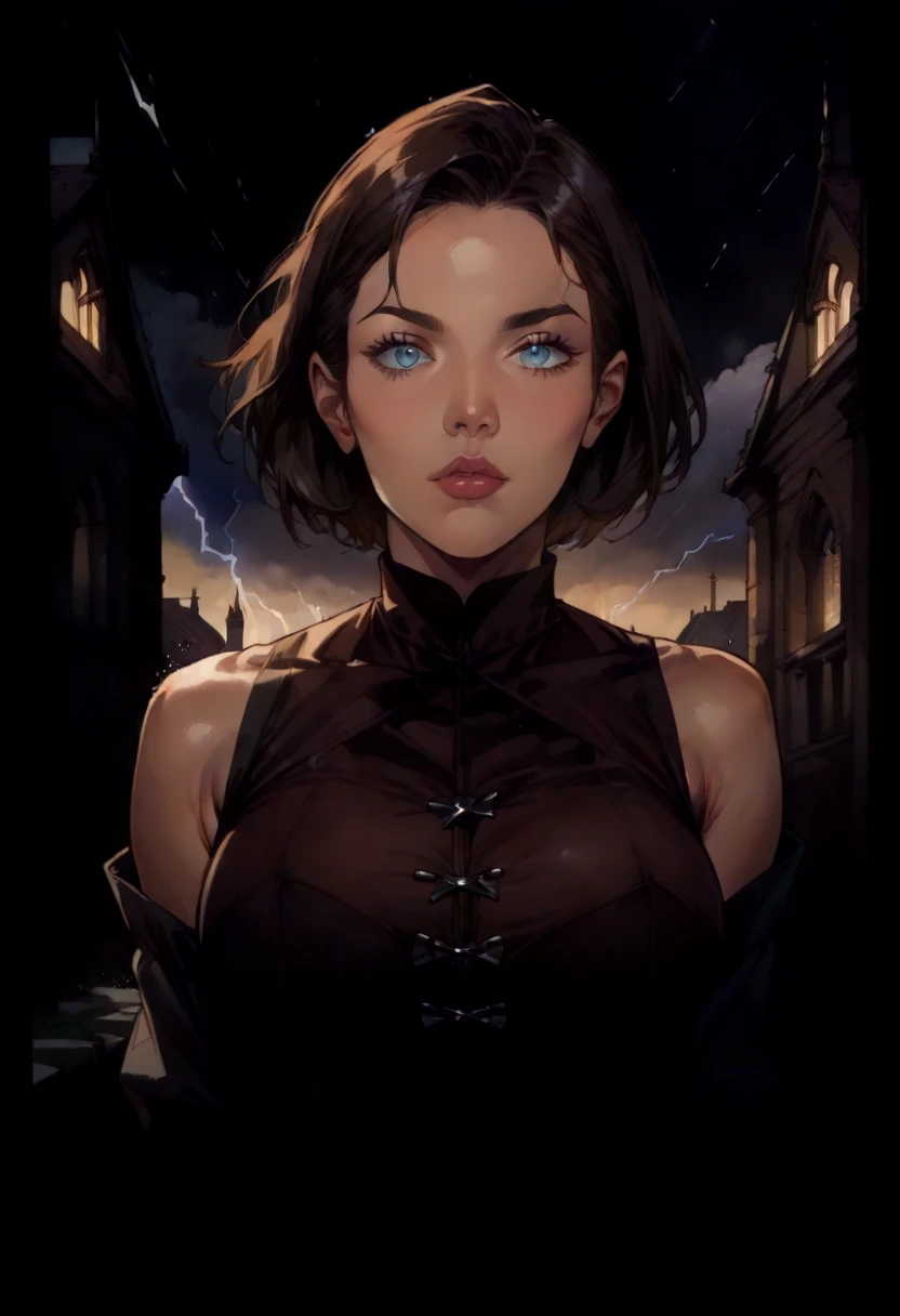 score_9, score_8_up, score_7_up, source_anime, 1woman, mature, human female, human, detailed face, jawline, smooth skin, beige skin, beautiful eyes, blue eyes, brunette, big breasts, bob cut hair, shirt, exposed shoulders, blue shirt, black push up corset, long sleeves, puffy sleeves, dark blue skirt, gothic architecture, church, ruins, night, rain, storm, lightning,