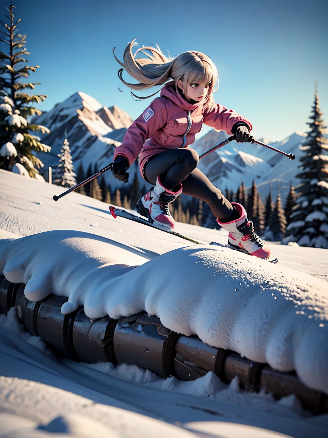 a skier skiing down a snowy mountain, detailed winter landscape, beautiful detailed eyes, beautiful detailed face, beautiful detailed body, action pose, dynamic movement, (best quality,4k,8k,highres,masterpiece:1.2),ultra-detailed,(realistic,photorealistic,photo-realistic:1.37),HDR,studio lighting,extremely detailed description,professional,vivid colors,winter,snow,mountains,evergreen trees,blowing wind,action,dynamic,energetic