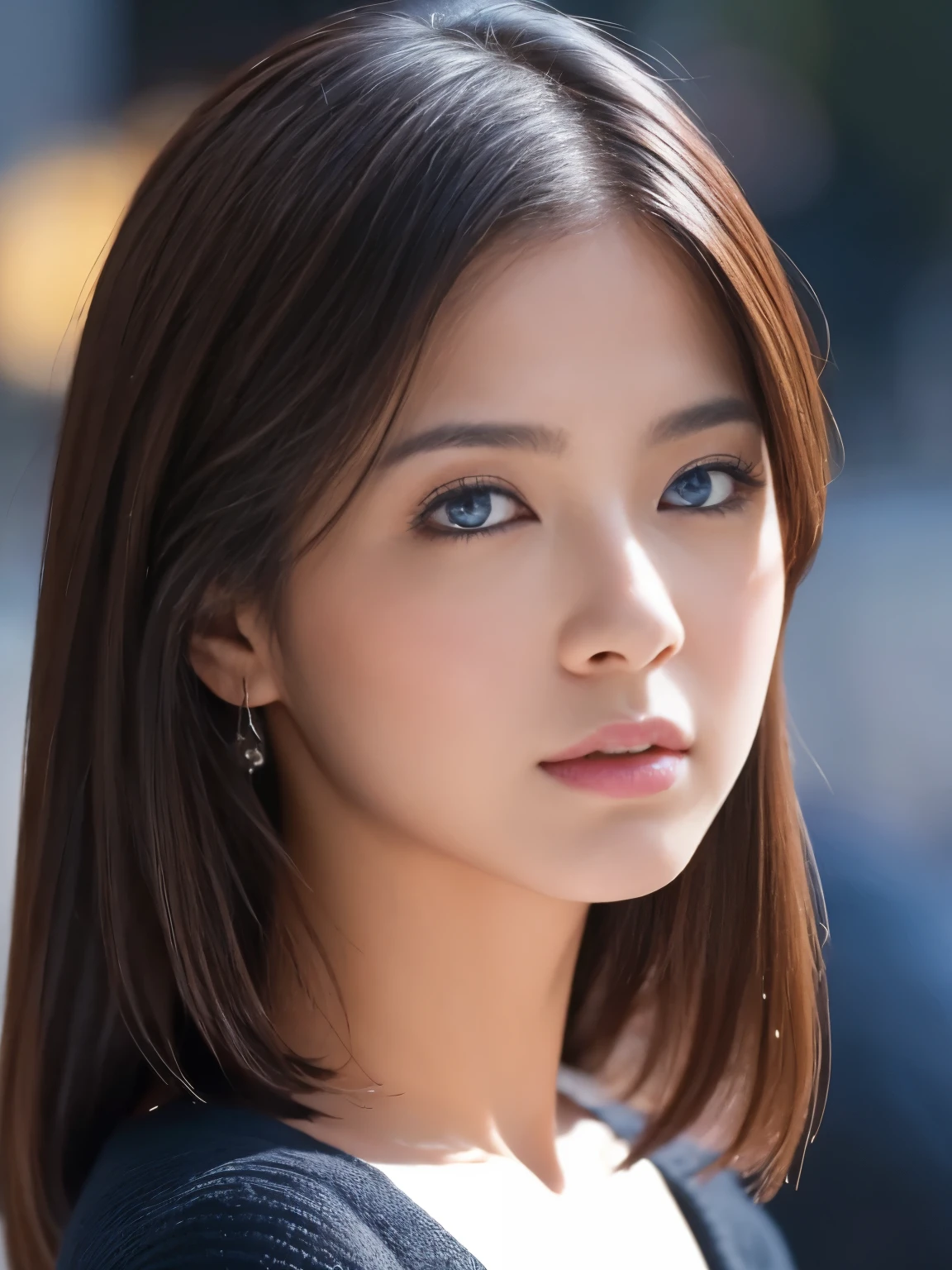 masterpiece, best quality, ultra-detailed, intricately detailed hyperdetailed, realistic, sharp features, highly detailed, sharp focus, 19 years old, (Japanese sophisticated model), perfect face, perfect  and delicate Blue eyes, perfect full lips, flexible female form, cinematic, hyper detailed, hyper realistic, high resolution, vibrant, dark fantasy, ((deep Blue hour)), light brown hair, messy hair, small breasts, Black sweater, portrait, head shot,