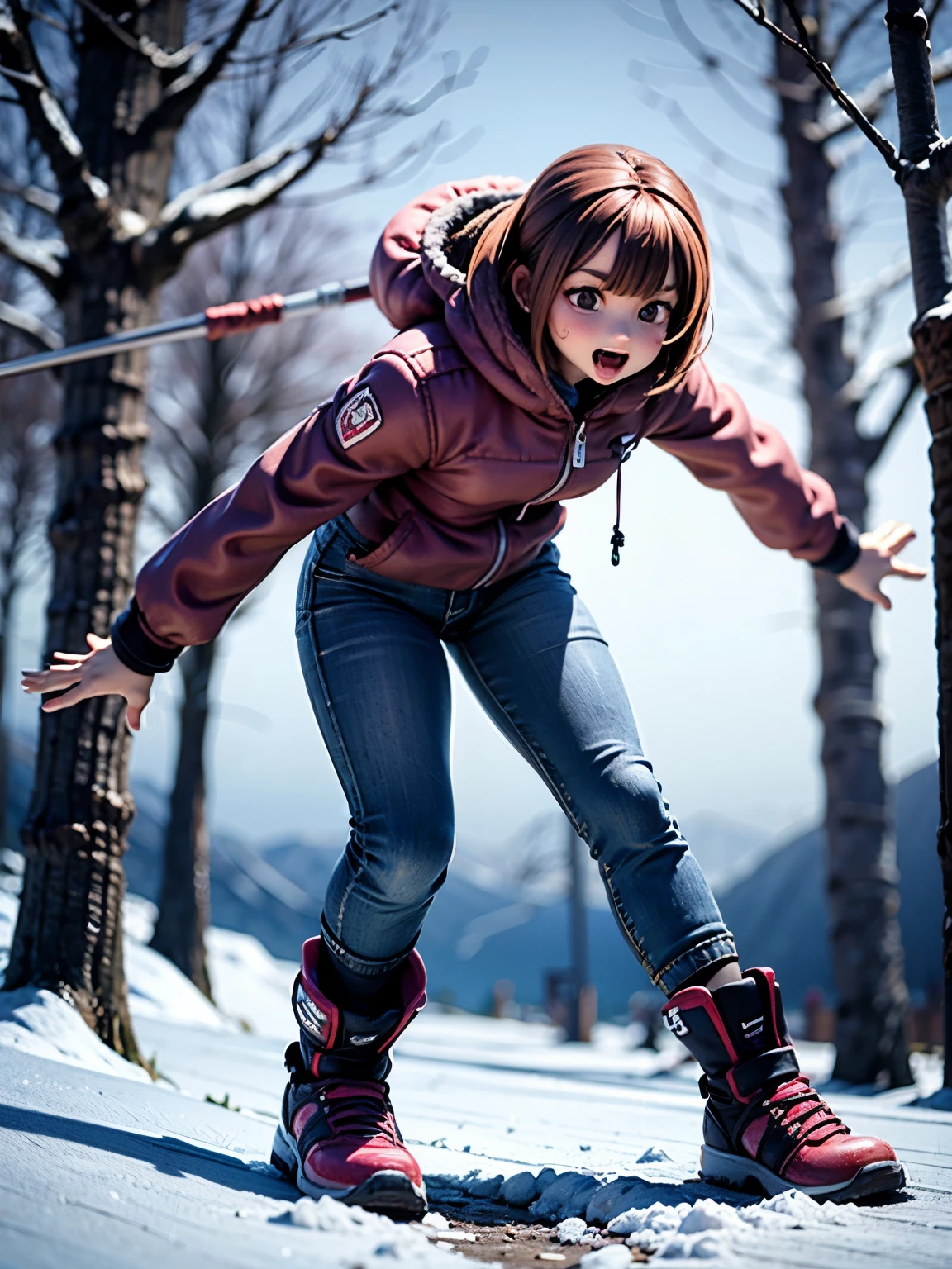 a skier skiing down a snowy mountain, detailed winter landscape, beautiful detailed eyes, beautiful detailed face, beautiful detailed body, action pose, dynamic movement, (best quality,4k,8k,highres,masterpiece:1.2),ultra-detailed,(realistic,photorealistic,photo-realistic:1.37),HDR,studio lighting,extremely detailed description,professional,vivid colors,winter,snow,mountains,evergreen trees,blowing wind,action,dynamic,energetic