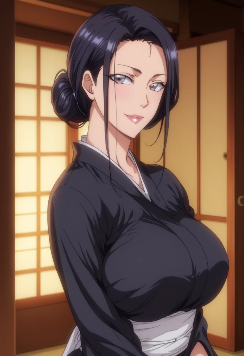 Look up、 Black Kimono、( mature woman :1.4)、Poisonous woman 、50 years old、Captivating smile、 black hair、 up hair 、Married women、 de emphasizing trust 、Japanese-style room Unohana retsu Shinigami captain shihakushō apart from using an obi instead of the normal sash, which hides her well-endowed breasts. Her hair is long and is always worn as a large brai Bleach、bleach thousand -year blood war, know inside behind over 