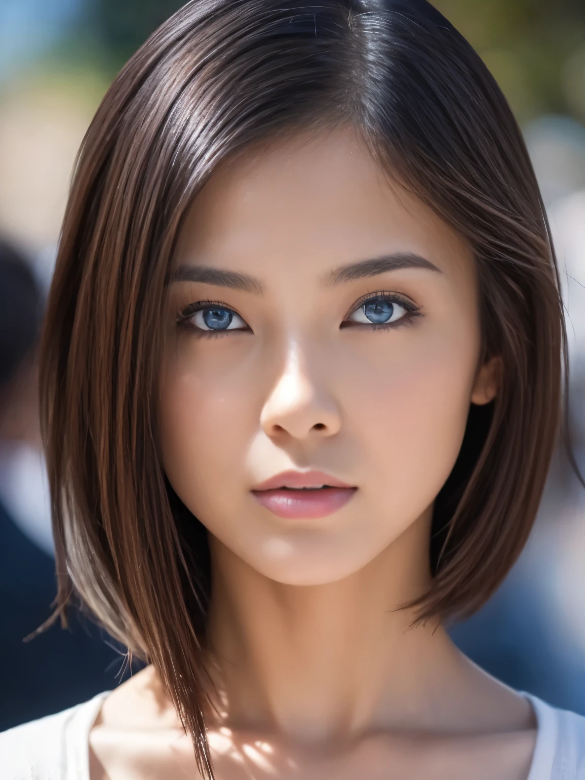 masterpiece, best quality, ultra-detailed, intricately detailed hyperdetailed, realistic, sharp features, highly detailed, sharp focus, 19 years old, (Japanese sophisticated model), perfect face, perfect  and delicate Blue eyes, perfect full lips, flexible female form, cinematic, hyper detailed, hyper realistic, high resolution, vibrant, dark fantasy, ((deep Blue hour)), light brown hair, messy hair, small breasts, Black sweater, portrait, head shot,