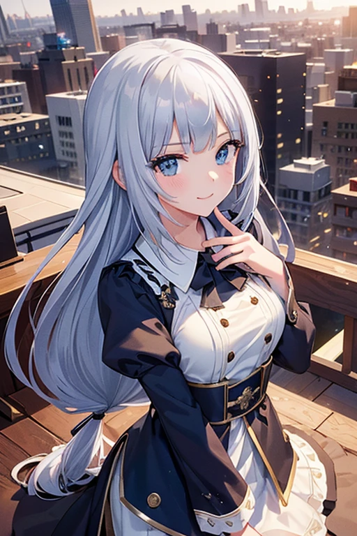 ,  long hair, low-tied  long hair, blunt bangs, (  sparkling eyes  , fine grain)、smile、 super detailed eyes、 very detailed顔,  very detailed目,
( top quality, masterpiece,  RAW photo, very detailed:1.2),  One Girl  , show viewers, smile,rooftop, the above, city,