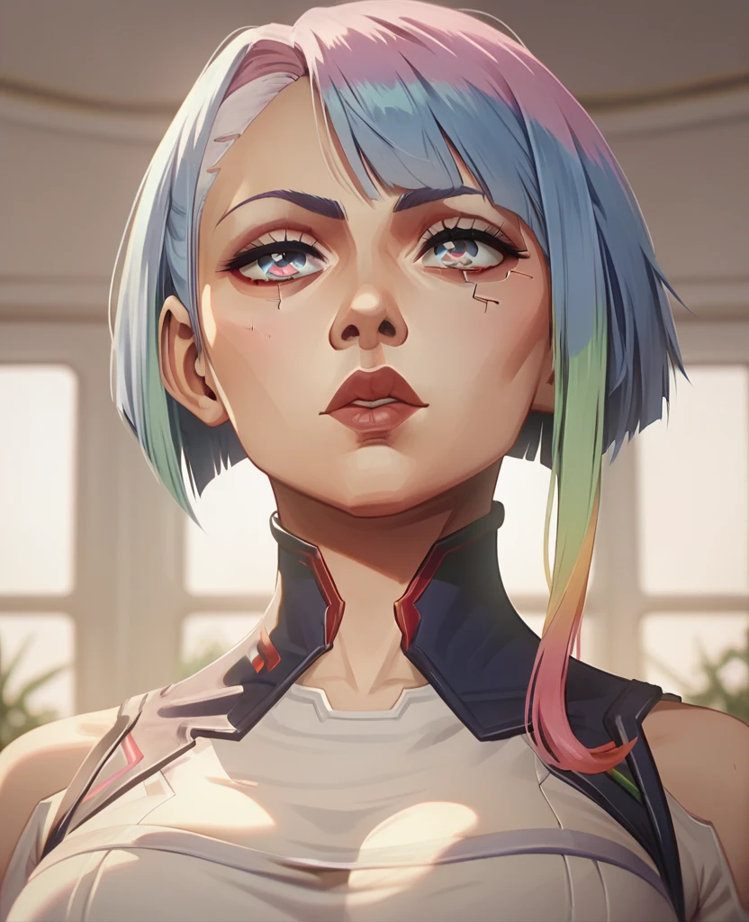 One girl, Lucy from cyberpunk edgerunners, beautiful face, detailed eyes, Big breasts, detailed lips