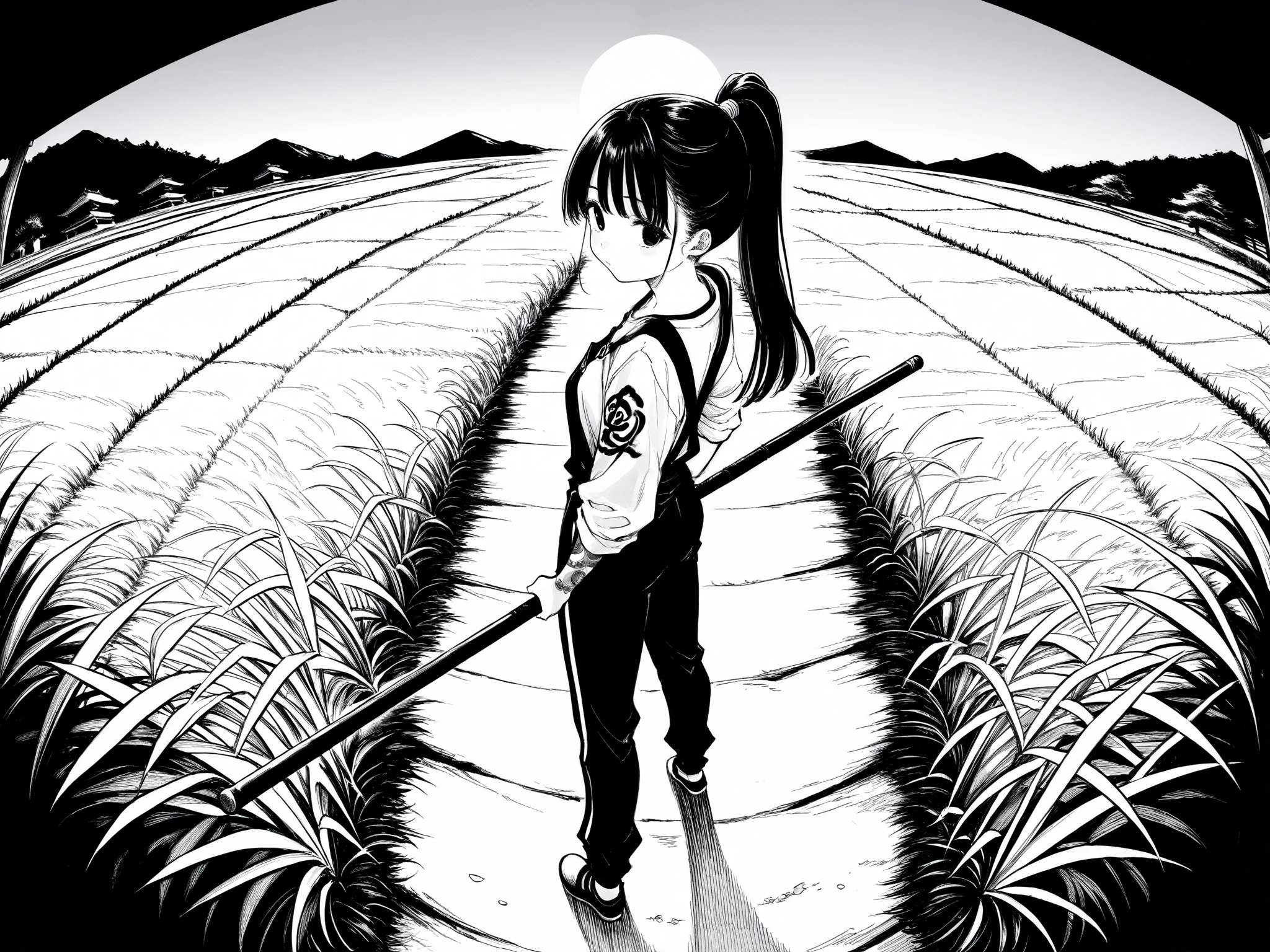 1girl, wearing a chinese , holding bo staff, looking back, martial artist, black hair tied in a high ponytail, black eyes, asian ethnicity, slender body. standing in a rice field, tattoos, fisheye perspective, cinematic manga hatching, ultra detailed hatching

An illustration the overall style of the illustration is inspired by the art of gustave Dore. 

Black and white, extremely detailed hatching, contour lines, 
