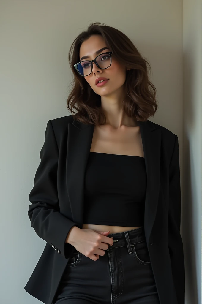Make a picture of me, I'm white, I have light brown hair, a thin but wide face, small lips for the striking ones, I use round glasses, they're pretty, neither fat nor thin, a cropped top with a black blazer, jeans