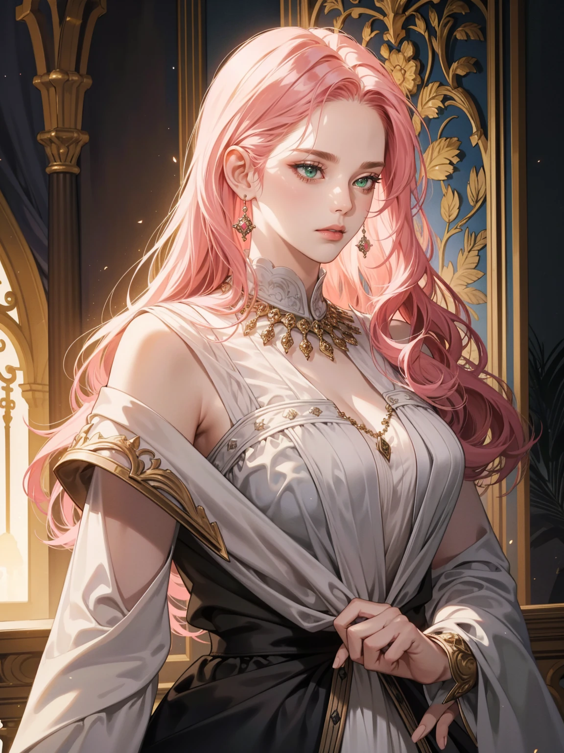 1girll, Long_Hair, Bright_Hair_Color, Seductive_Eyes, mysterious_expression, mature_Appearance, Glamorous_Outfit, Flowing_dress, elegant_jewelry, Intricate_decor, magic_sigature, Glowing_Accessories, potion, pergaminhos, Cute_accent, the bow, Ribbons, Flowers,