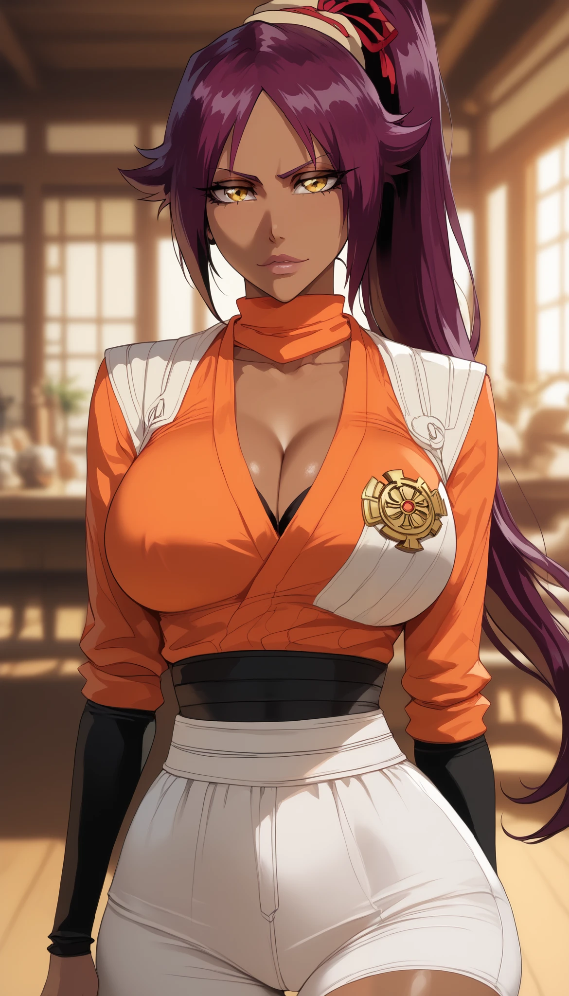  perfect eyes、 perfectly sexy face、 ultra detailed 、ultra perfect eyes、Yoruichi Shihoin、Bleach、 shiny hair 、( Big breasts ), showing cleavage、 tight waist 、 thin waist 、 Thigh straps 、pele morena、 shiny skin、Beleza、erotic、 looking at the viewer、