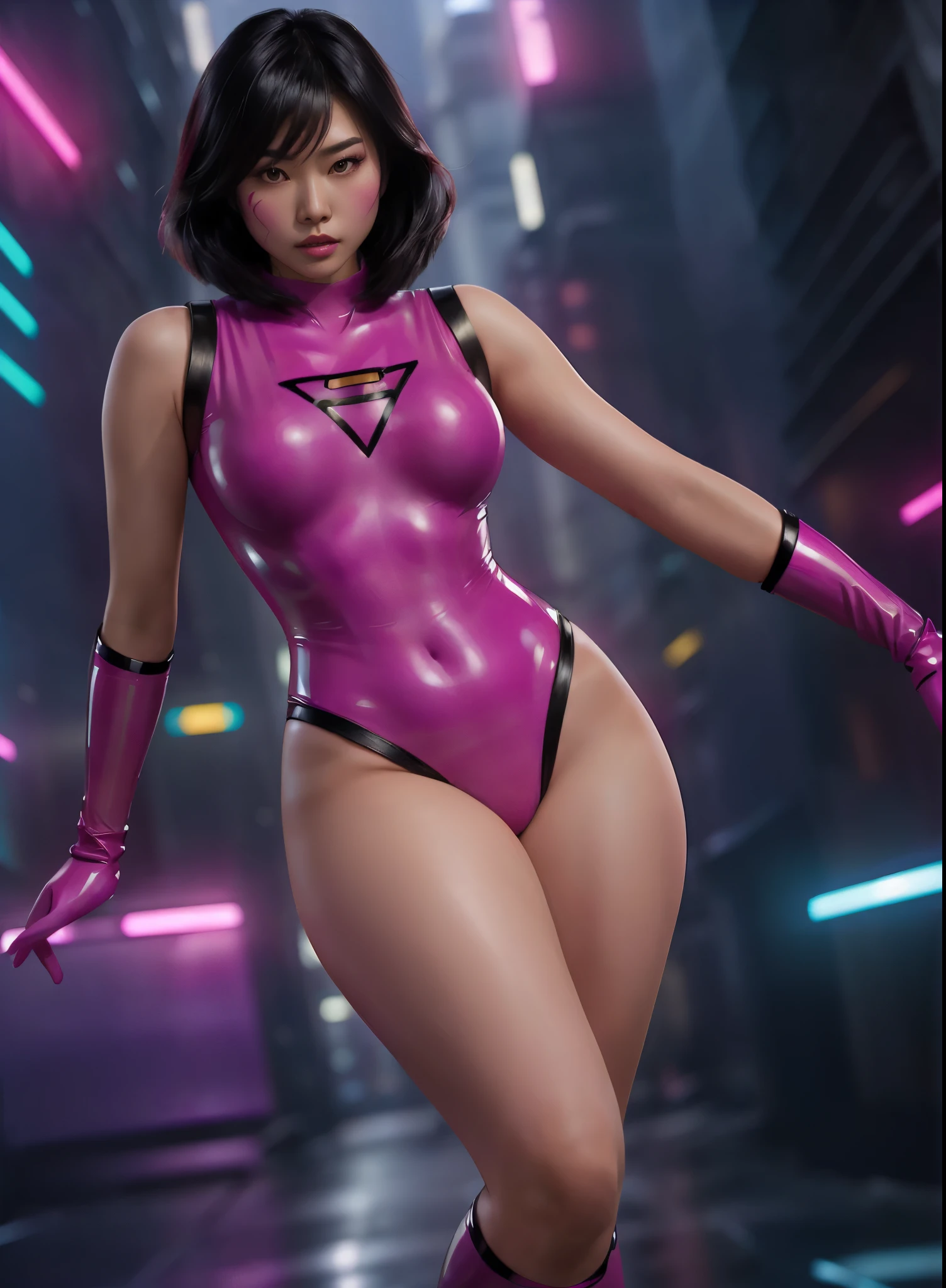 (solo) An asian female superhero with mid length black hair wearing a fuchsia latex costume. Tired pose and tired facial expression.. Apocalyptic background. Ultra realistic picture. 