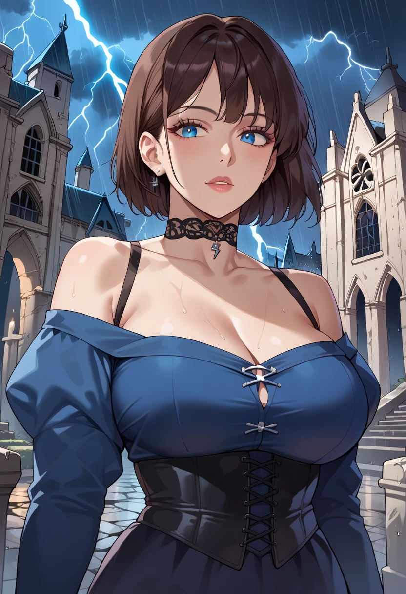 score_9, score_8_up, score_7_up, source_anime, 1woman, mature, human female, human, detailed face, jawline, smooth skin, beige skin, beautiful eyes, blue eyes, brunette, big breasts, bob cut hair, choker, shirt, exposed shoulders, blue shirt, black push up corset, long sleeves, puffy sleeves, dark blue skirt, gothic architecture, church, ruins, night, rain, storm, lightning,