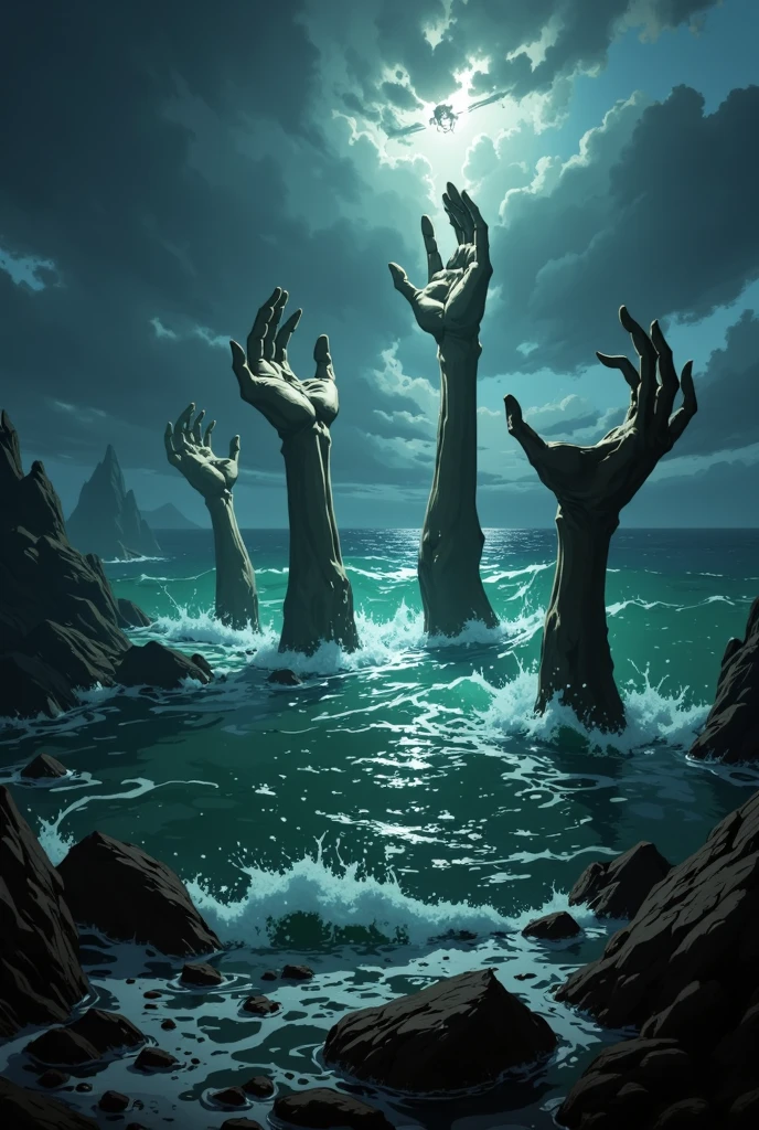 Create a spectacular book cover illustration inspired by a D&D dark fantasy campaign. The scene features a dark and ominous sea shrouded in a thick and mysterious fog. In the foreground, a pair of rotting hands normal size, not giant, with dry and withered skin, emerge from the water twisted and lifeless, as if emerging from the fog or beneath the waves. The background consists of a dark, stormy sky over the sea with faint, unnatural shapes or shadows visible through the fog, suggesting that something sinister lurks. The color palette is moody and gothic, dominated by dark blues, grays and blacks, with subtle hints of green and ghostly white. The art style should mimic the detailed, painterly style found in D&D sourcebooks, with a mysterious and foreboding atmosphere.