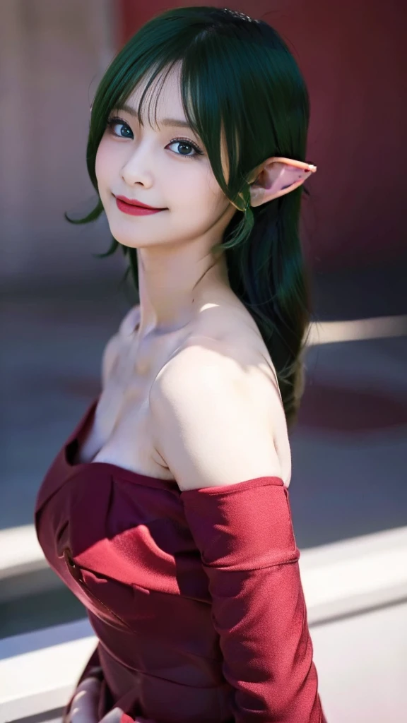  ((masterpiece,best quality,ultra-delicate,Perfect Face,16k,very detailed eyes,high resolution,very beautiful girl,sharpness,raw photo,18 years old)),bright green color hair:2.0,Red strapless bodycon tube dress with huge red bow on the back:2.0,Red long arm sleeves,Elf Girl,huge Breasts:2.0,blue eyes, very happy smile:2.0,upper body shot,from front