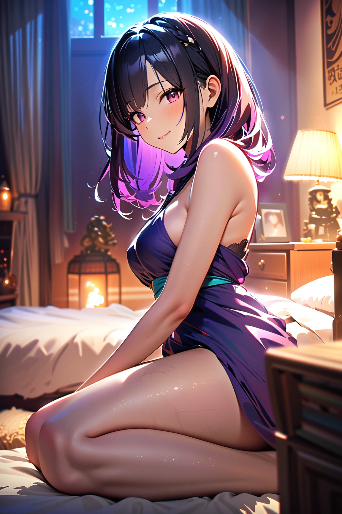 1woman, purple dress, all fours, Masterpiece, Best quality, Highly detailed,