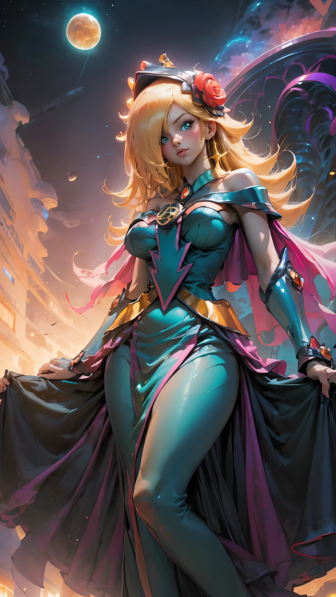 Best quality, 8K,glorious angel, female, beautiful and detailed face, blonde curly long hair,big eyelashes,big angel´s wings,LOOKING TO observer,purple dress gold detailed over bodystocking,armlets,black belt,over the knee boots,iluminate cathedral scenario, DYNAMIC ANGLE